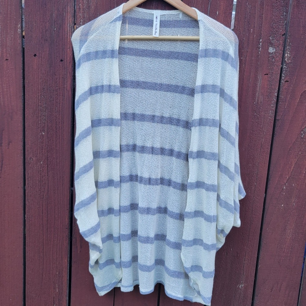 Vanilla Bay Grey Cream Striped Open Front knit Dolman Cardigan Sz L Coastal Boho